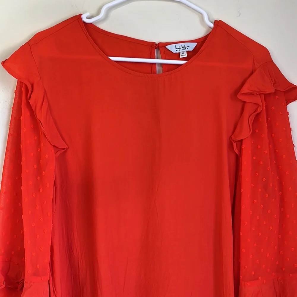 Nicole Miller New York Orange Ruffle Bell Sleeve Swiss Dotted Long Sleeve Blouse - Picture 2 of 8